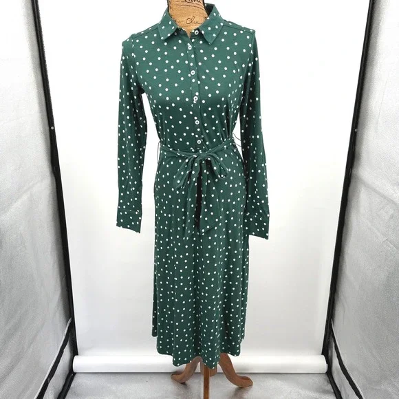 Boden | Dresses | New Boden Polka Dot Shirt Dress Long Sleeve Midi Belt  Green Sz 4 Cottage Retro | Poshmark